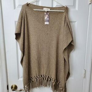 Francesca's Women Tan Gold Metallic Fringe Poncho Cape Sweater, One Size